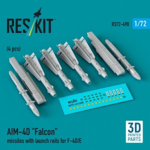 RESKIT RS72-0490 AIM-4D Falcon missiles with launch rails for F-4D/E (4 pcs) (3D Printed) (1/72)