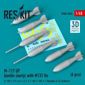 RESKIT RS48-0434 M-117 GP BOMBS (EARLY) WITH M131 FIN (6 PCS) (3D PRINTED) 1/48