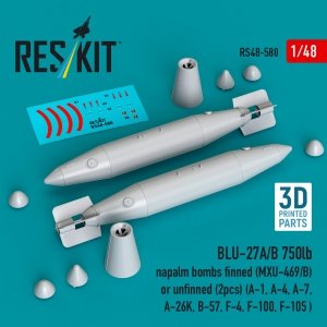 RESKIT RS48-0580 BLU-27A/B 750lb napalm bombs finned (MXU-469/B) or unfinned (2pcs) (A-1, A-4, A-7, A-26K, B-57, F-4, F-100, F-105 ) (3D Printed) (1/48)
