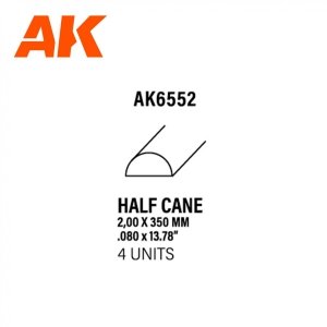 AK Interactive AK6552 HALF CANE 2.00 X 350MM – STYRENE HALF CANE – (4 UNITS)