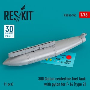 RESKIT RSU48-0365 300 Gallon centerline fuel tank with pylon for F-16 (type 2) (1 pcs) (3D Printed) 1/48