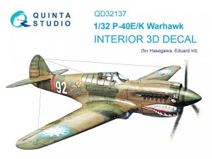 Quinta Studio QD32137 P-40E/K 3D-Printed & coloured Interior on decal paper (Hasegawa) 1/32