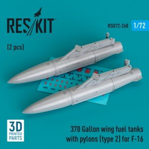 RESKIT RSU72-0268 370 Gallon wing fuel tanks with pylons (type 2) for F-16 (2 pcs) (3D Printed) 1/72