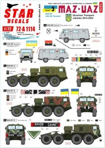 Star Decals 72-A1114 War in Ukraine #3 Ukrainian transport vehicles 2014-2022. MAZ-537 tank transporter and UAZ-452 Buhanka 1/72