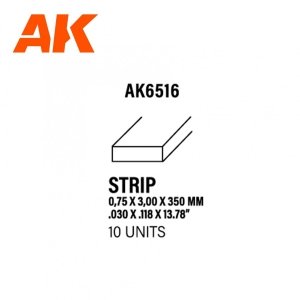 AK Interactive AK6516 STRIPS 0.75 X 3.00 X 350MM – STYRENE STRIP – (10 UNITS)