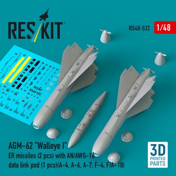 RESKIT RS48-0532 AGM-62 "Walleye I" ER missiles (2 pcs) with AN/AWG-16 data link pod (1 pcs) (A-4, A-6, A-7, F-4, F/A-18) (3D Printed) (1/48)