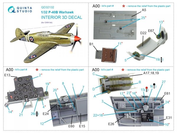 Quinta Studio QD32132 P-40B 3D-Printed &amp; coloured Interior on decal paper (GWH) 1/32
