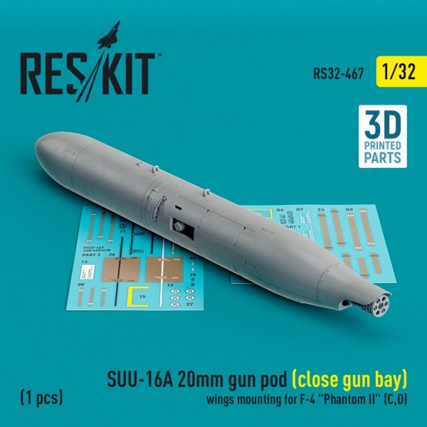 RESKIT RS32-0467 SUU-16A 20mm gun pod (close gun bay) wings mounting for F-4 Phantom II (C,D) (1 pcs) (3D Printed) 1/32