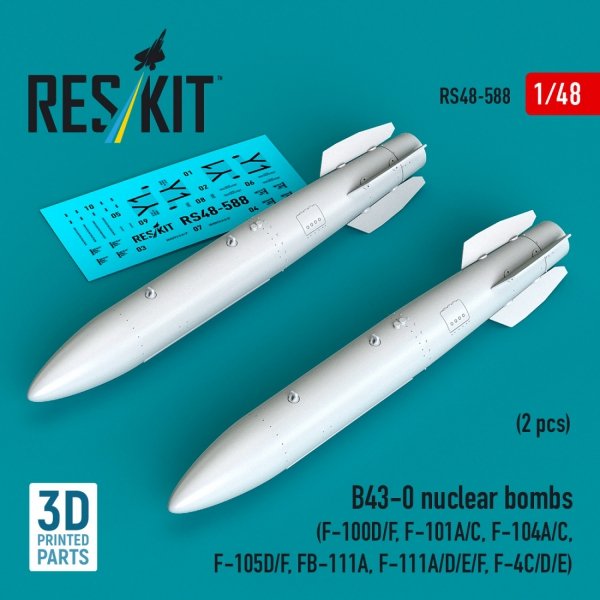 RESKIT RS48-0588 B43-0 nuclear bombs (2 pcs) (F-100D/F, F-101A/C, F-104A/C, F-105D/F, FB-111A, F-111A/D/E/F, F-4C/D/E) (3D Printed) (1/48)