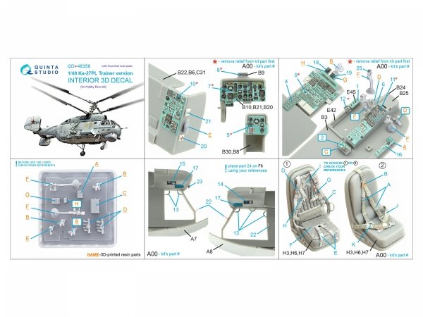 Quinta Studio QD+48358 Ka-27PL Trainer version 3D-Printed coloured Interior on decal paper (Hobby Boss) (with 3D-printed resin parts) 1/48