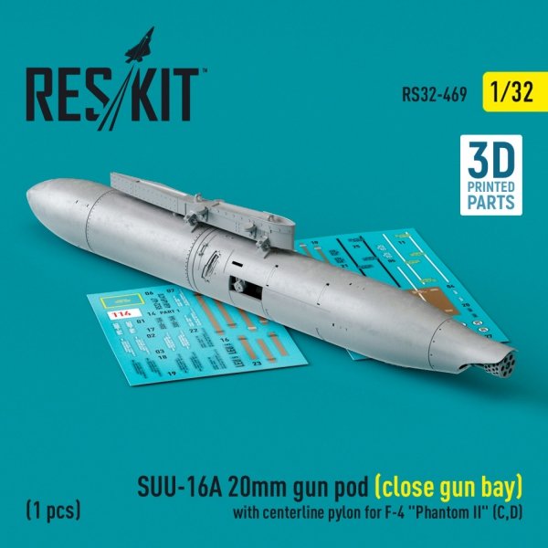 RESKIT RS32-0469 SUU-16A 20mm gun pod (close gun bay) with centerline pylon for F-4 Phantom II (C,D) (1 pcs) (3D Printed) 1/32