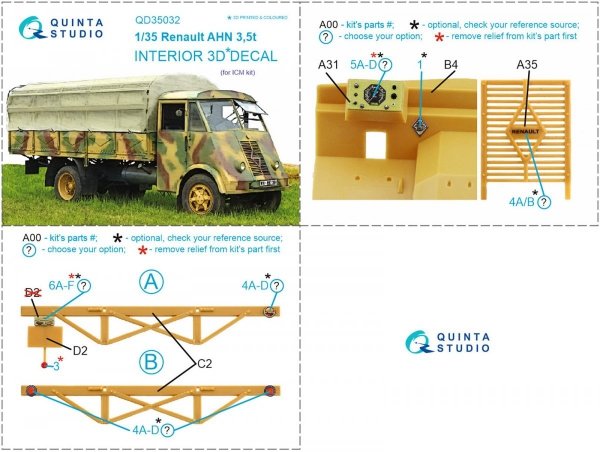 Quinta Studio QD35032 Renault AHN 3.5t 3D-Printed &amp; coloured Interior on decal paper ( ICM ) 1/35