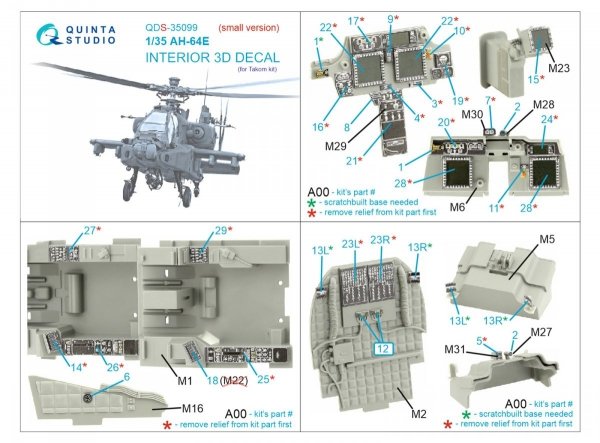 Quinta Studio QDS-35099 AH-64E 3D-Printed &amp; coloured Interior on decal paper (Takom) (Small version) 1/35