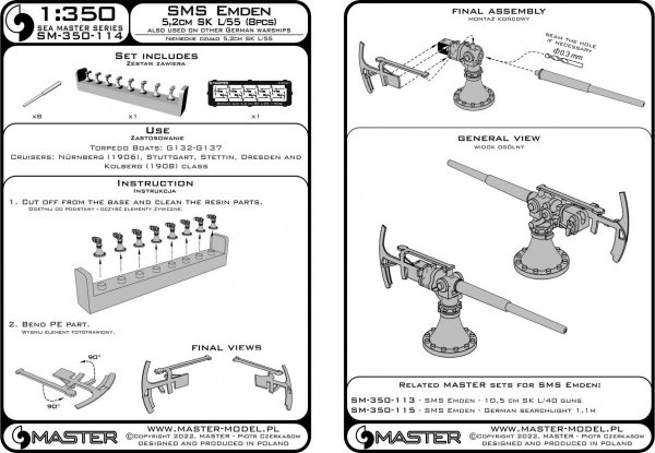 Master SM-350-114 SMS Emden -  5,2 cm SK L/55 guns 1/350