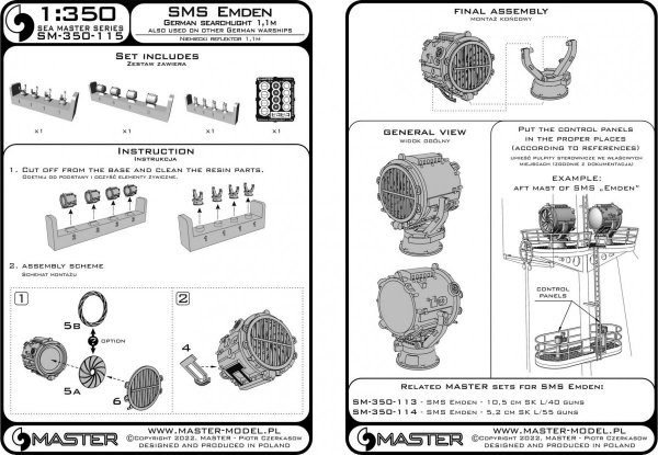 Master SM-350-115 SMS Emden - German searchlight 1,1m 1/350