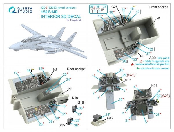 Quinta Studio QDS-32033 F-14D 3D-Printed &amp; coloured Interior on decal paper ( Trumpeter ) (small version) 1/32