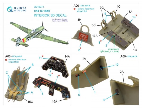 Quinta Studio QD48273 Ta 152H 3D-Printed &amp; coloured Interior on decal paper (Dragon) 1/48