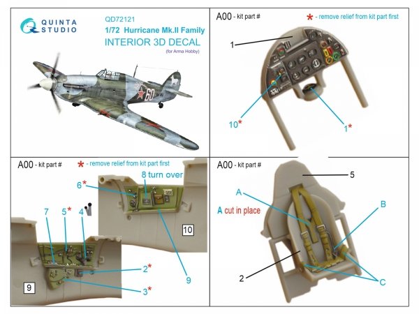 Quinta Studio QD72121 Hurricane Mk.II family 3D-Printed coloured Interior on decal paper (Arma Hobby) 1/72