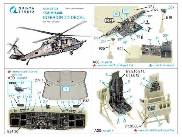 Quinta Studio QD+35108 MH-60L 3D-Printed &amp; coloured Interior on decal paper (Kitty Hawk) (with 3D-printed resin parts) 1/35