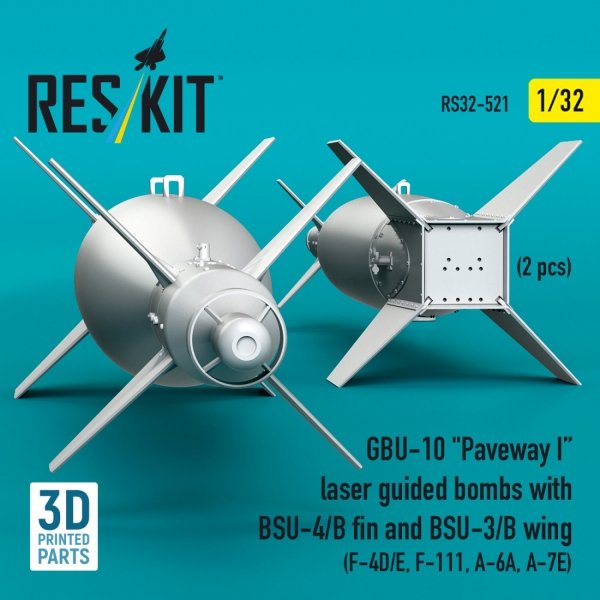 RESKIT RS32-0521 GBU-10 "Paveway I" laser guided bombs with BSU-4/B fin and BSU-3/B wing (2 pcs) (3D Printed) 1/32