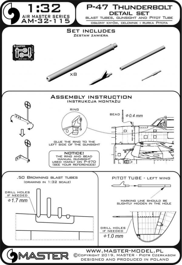 Master AM-32-115 P-47 Thunderbolt - zestaw detali - uzbrojenie, rurka Pitota, celownik 1/32
