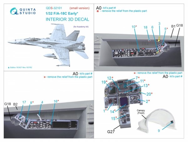 Quinta Studio QDS-32101 F/A-18C Early 3D-Printed coloured Interior on decal paper (Academy) (Small version) 1/32