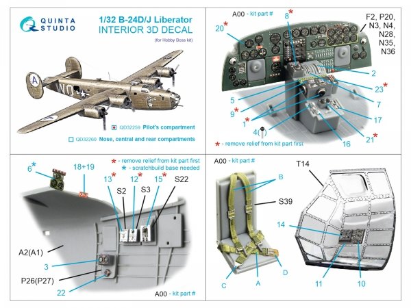 Quinta Studio QD32259 B-24D/B-24J Liberator, Pilot's compartment 3D-Printed &amp; coloured Interior on decal paper (Hobby Boss) 1/32