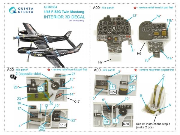 Quinta Studio QD48364 F-82G Twin Mustang 3D-Printed &amp; coloured Interior on decal paper (Modelsvit) 1/48