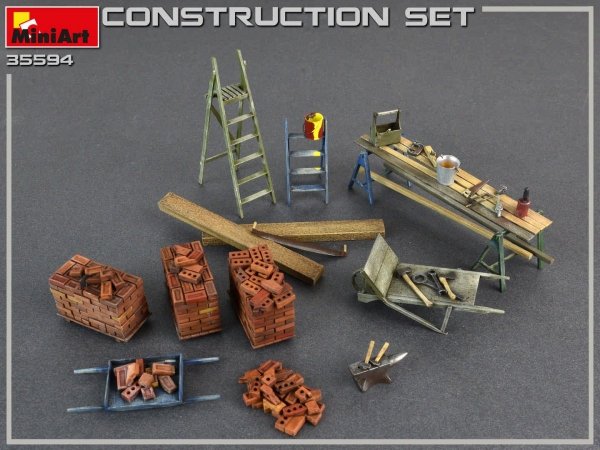 MiniArt 35594 Construction Set Kit: Ladders, Table, Buckets, Bricks, Cart, Anvil, Beams, Jack Stand &amp; Tools 1/35