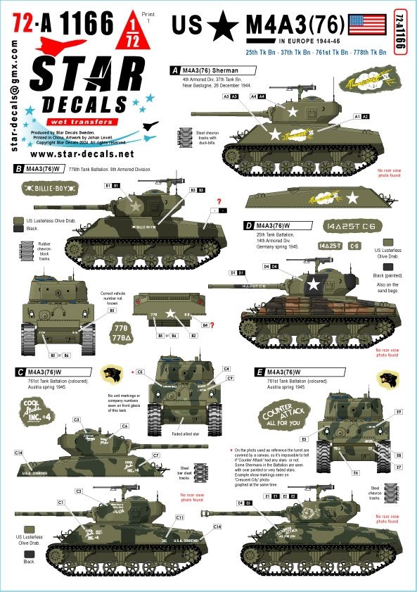 Star Decals 72-A1166 US M4A3(76) in Europe 1944-45. 25th Tk Bn. 37th Tk Bn. 761st Tk Bn. 778th Tk Bn 1/72