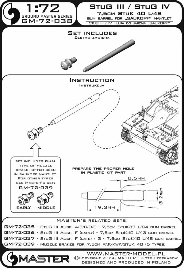 Master GM-72-038 StuG III / StuG IV - 7,5cm StuK 40 L/48 - lufa działa wraz z żywicznym hamulcem wylotowym do osłon jarzma typu &quot;Saukopf&quot; (zestaw nie zawiera osłony) 1/72