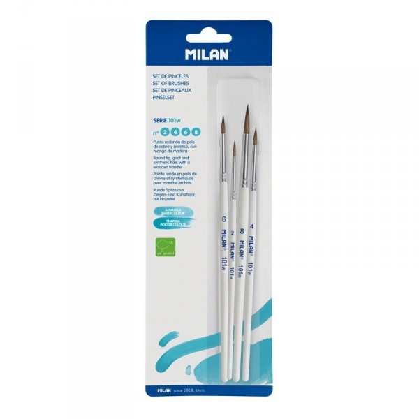 Milan 10468 Blister pack 4 round brushes (goat &amp; synthetic hair) white handle 101w series no 2, 4, 6 and 8