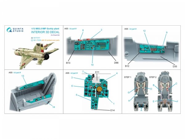 Quinta Studio QD72257 MiG-21MF (Gorkiy plant) 3D-Printed &amp; coloured Interior on decal paper (Eduard) 1/72
