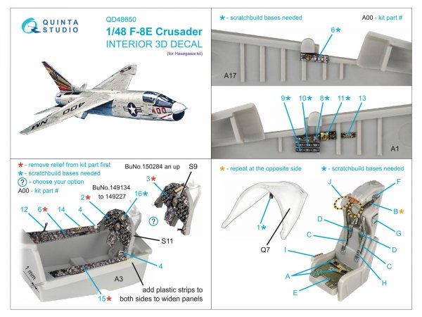 Quinta Studio QD48650 F-8E Crusader 3D-Printed &amp; coloured Interior on decal paper (Hasegawa/Hobby 2000) 1/48