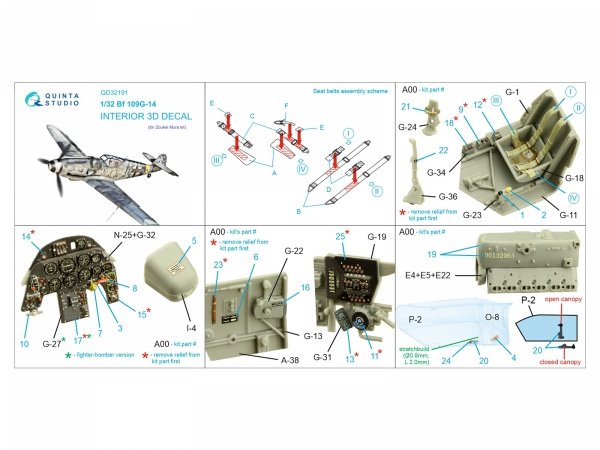 Quinta Studio QD32191 Bf 109G-14 3D-Printed coloured Interior on decal paper (Zoukei Mura SWS) 1/32