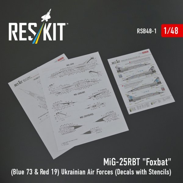 RESKIT RSB48-0001 MiG-25RBT "Foxbat" (Blue 73 &amp; Red 19) Ukrainian Air Forces (Decals with Stencils) 1/48