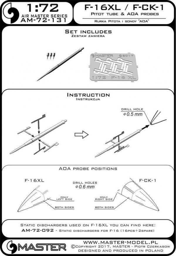 Master AM-72-131 F-16XL / F-CK-1 Prototypes Pitot tube &amp; AOA Probes (1:72)