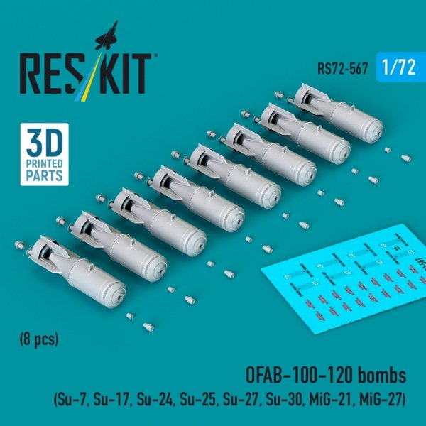 RESKIT RS72-0567 OFAB-100-120 bombs (8 pcs) (Su-7, Su-17, Su-24, Su-25, Su-27, Su-30, MiG-21, MiG-27) (3D Printed) (1/72)