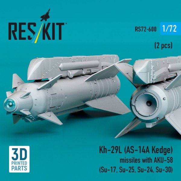 RESKIT RS72-0600 Kh-29L (AS-14A Kedge) missiles with AKU-58 (2 pcs) (Su-17, Su-25,Su-24, Su-30) (3D Printed) (1/72)