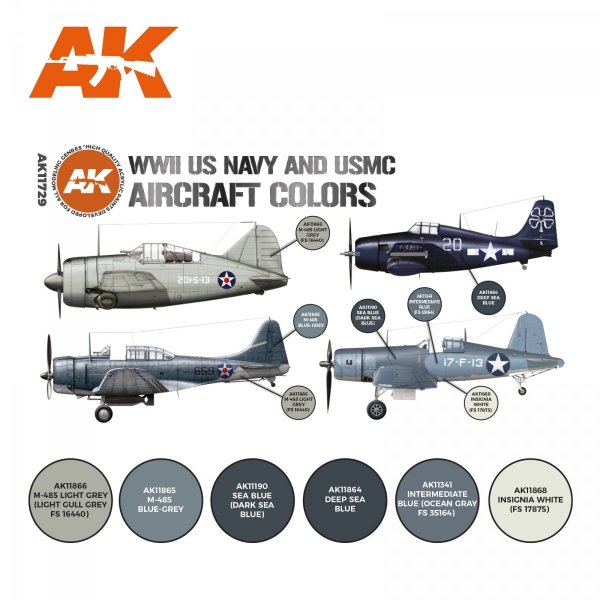 AK Interactive AK11729 WWII US NAVY &amp; USMC AIRCRAFT COLORS 6x17 ml
