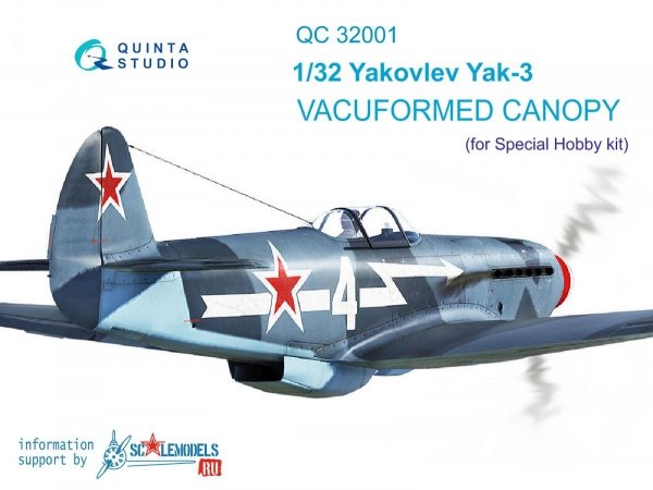 Quinta Studio QC32001 Yak-3 vacuformed clear canopy, open &amp; close position (for Special Hobby kit) 1/32