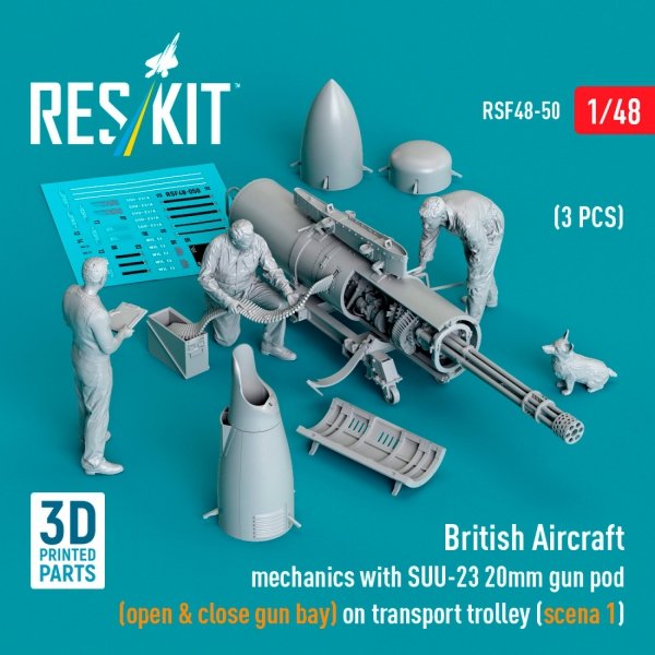 RESKIT RSF48-0050 British Aircraft mechanics with SUU-23 20mm gun pod  (open &amp; close gun bay) on on transport trolley (scene 1) (3 pcs) (3D Printed) (1/48)