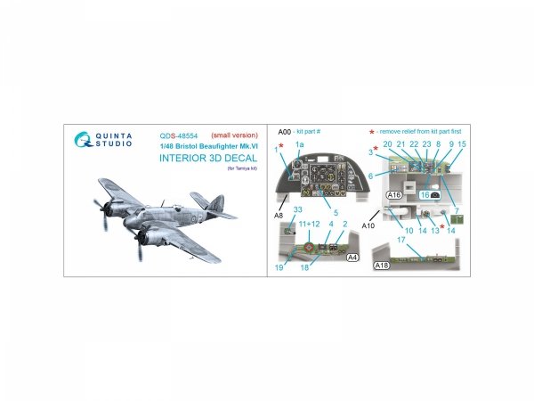 Quinta Studio QDS-48554 Bristol Beaufighter Mk.VI 3D-Printed &amp; coloured Interior on decal paper (Tamiya) (small version) 1/48