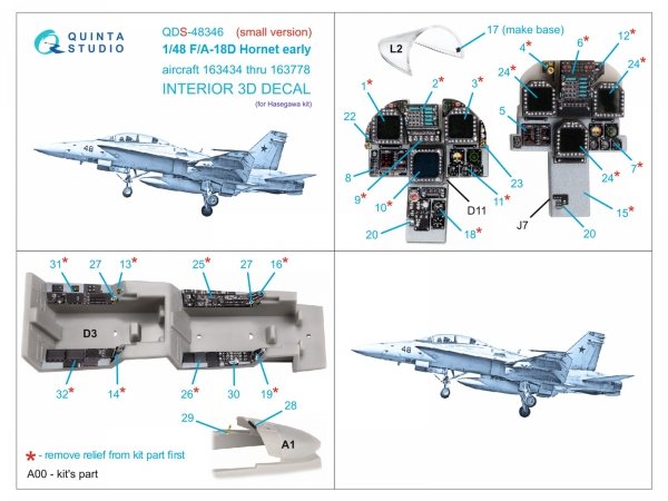 Quinta Studio QDS-48346 FA-18D early 3D-Printed &amp; coloured Interior on decal paper (Hasegawa) (small version) 1/48