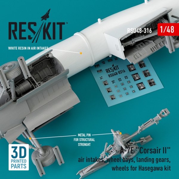 RESKIT RSU48-0316 A-7E &quot;CORSAIR II&quot; AIR INTAKES, WHEEL BAYS, LANDING GEARS, WHEELS FOR HASEGAWA KIT (3D PRINTED) 1/48