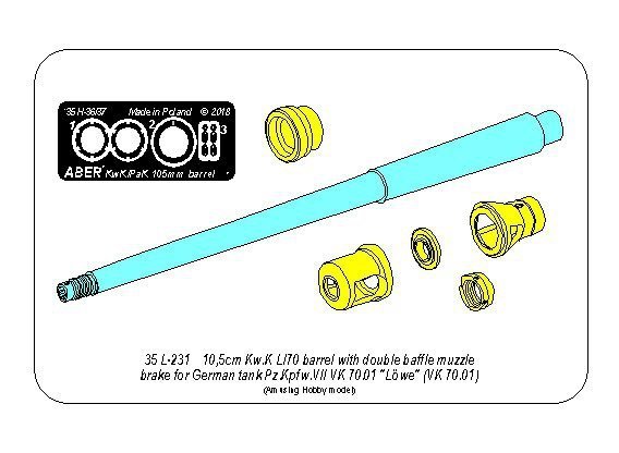 Aber 35L-231 10,5cm KwK L/70 barrel with double baffle muzzle brake for German Pz.Kpfw. VII Lowe 1/35 1/35