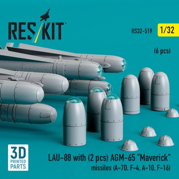 RESKIT RS32-0519 LAU-88 with (2 pcs) AGM-65 &quot;Maverick&quot; missiles (6 pcs) (3D Printed) 1/32