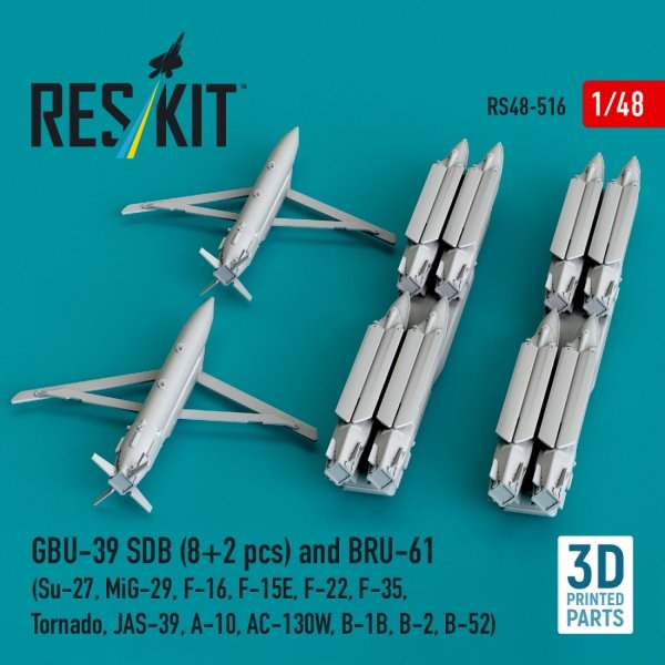 RESKIT RS48-0516 GBU-39 SDB (8 pcs) and BRU-61 (2 pcs) (Su-27, MiG-29, F-16, F-15E, F-22, F-35, Tornado, JAS-39, A-10, AC-130W, B-1B, B-2, B-52) (3D Printed) (1/48)