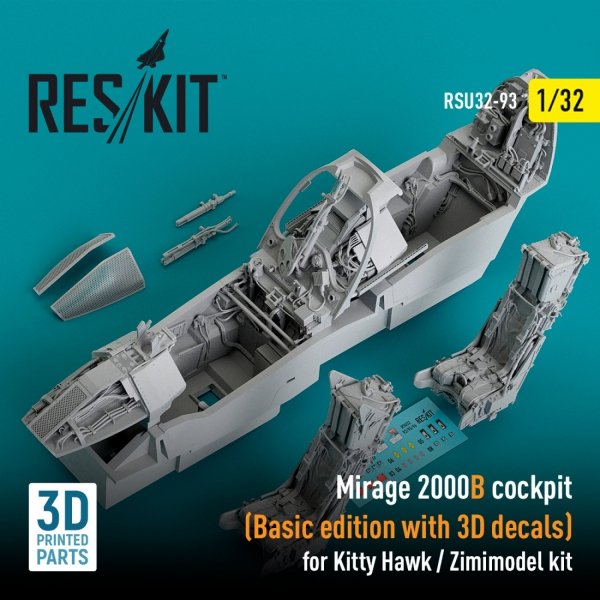 RESKIT RSU32-0093 MIRAGE 2000B COCKPIT (BASIC EDITION WITH 3D DECALS) FOR KITTY HAWK / ZIMIMODEL KIT (3D PRINTED) 1/32