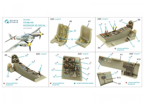 Quinta Studio QD72062 Me 410 3D-Printed &amp; coloured Interior on decal paper (Fine Molds) 1/72